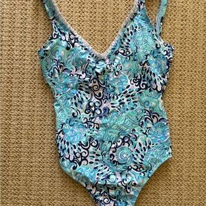 Lilly Pulitzer Blue and Green One Piece Swimsuit with Adjustable Straps